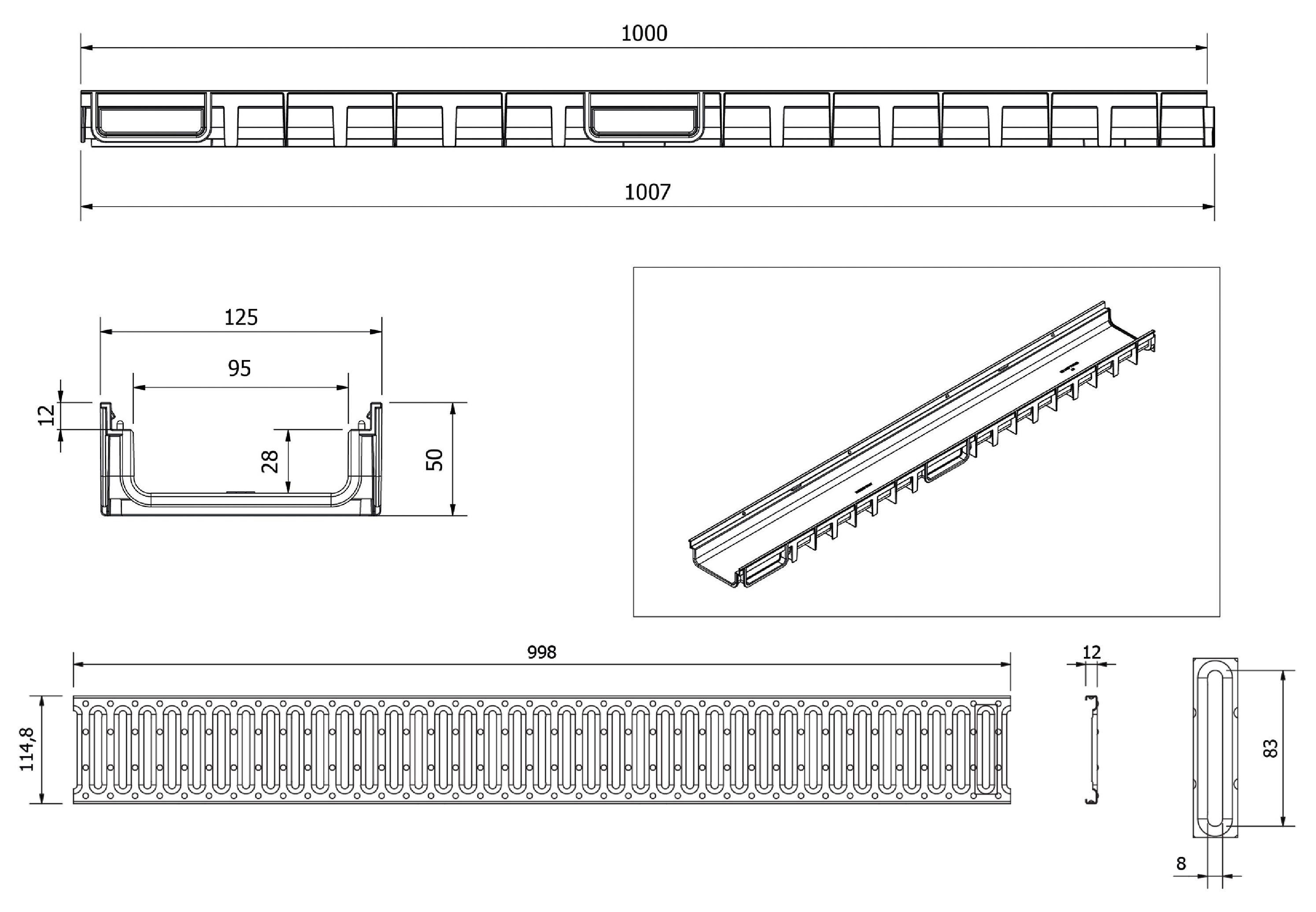Rigola plastic (HDPE) cu grila din otel zincat 4ALL H50 100x30x1000 mm (otel zincat) A15 EN1433 (D.110, 75, 32)  MUFLESYSTEM