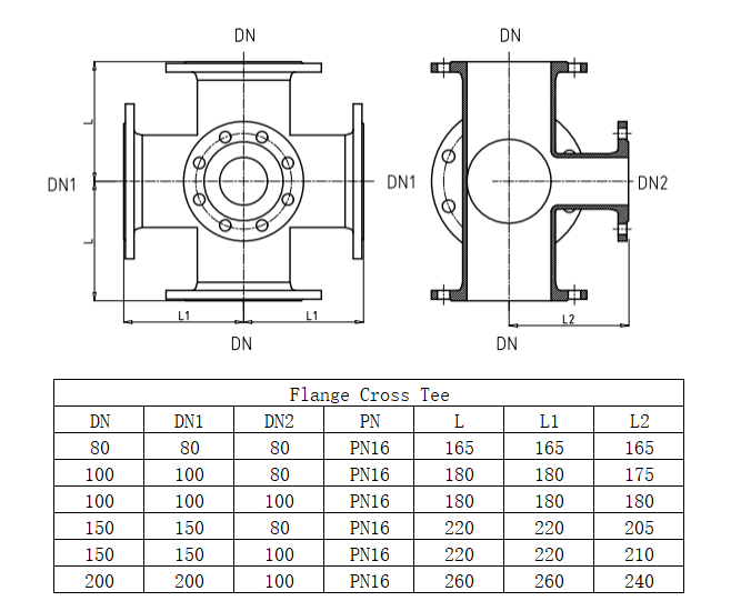 Cruce fonta cu 2 planuri cu flanse pentru hidrant D. 80 x 80 x 80 PN16, L=330 mm (8 gauri)