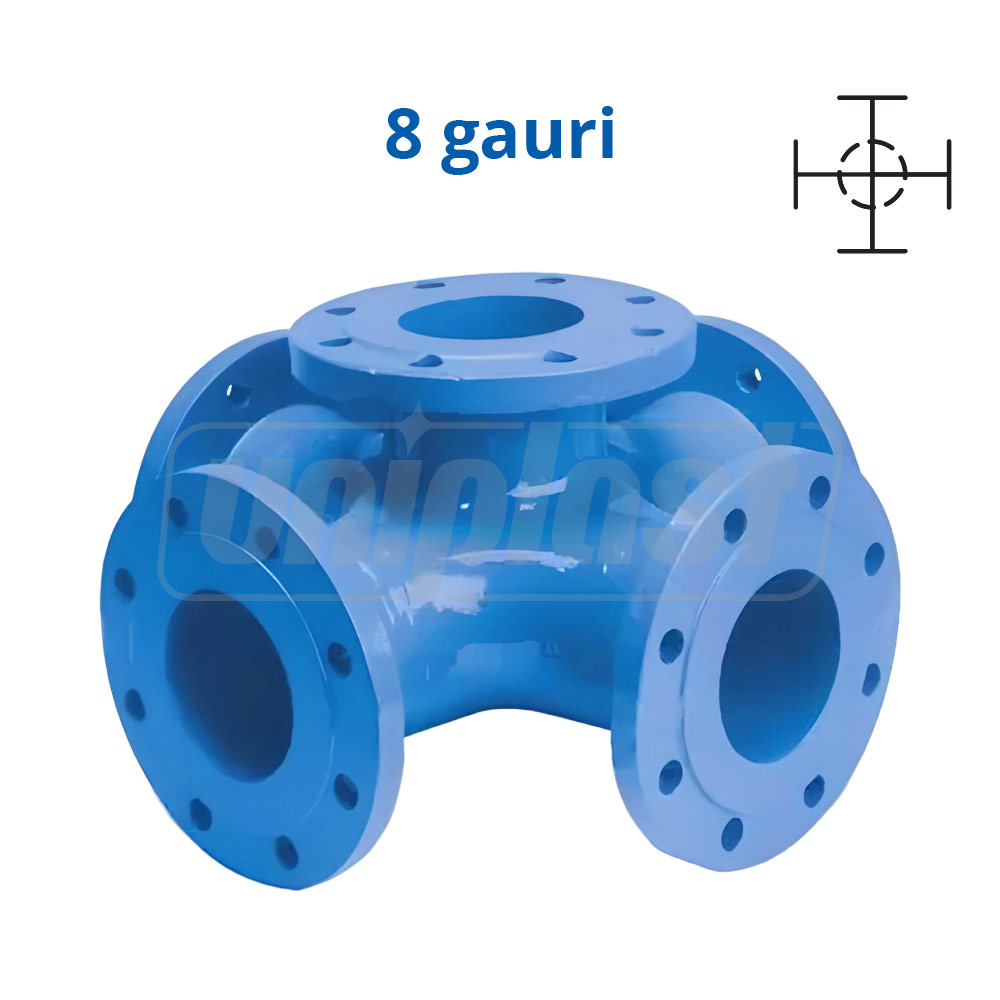 Cruce fonta cu 2 planuri cu flanse pentru hidrant D. 80 x 80 x 80 PN16, L=330 mm (8 gauri)