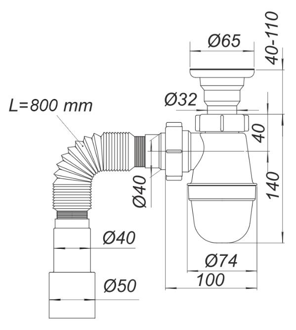 Sifon lavoar tip "butelie" Universal D. 1.1/4" x 50 cu furtun, L max=800 mm У0111  SOLOPLAST