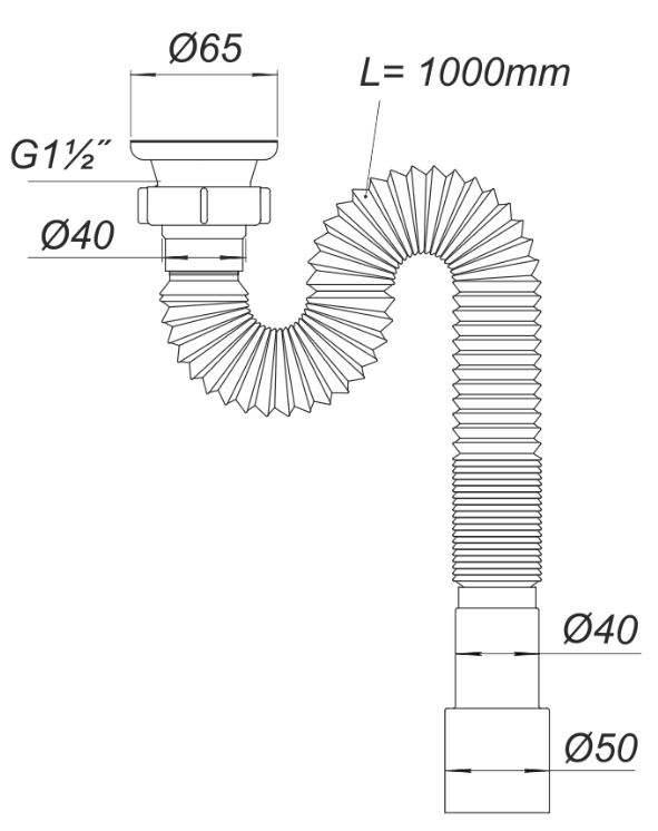 Sifon lavoar gofrat D. 1.1/2" x 50 ventil inox 65, L=1200 mm Г0106  SOLOPLAST