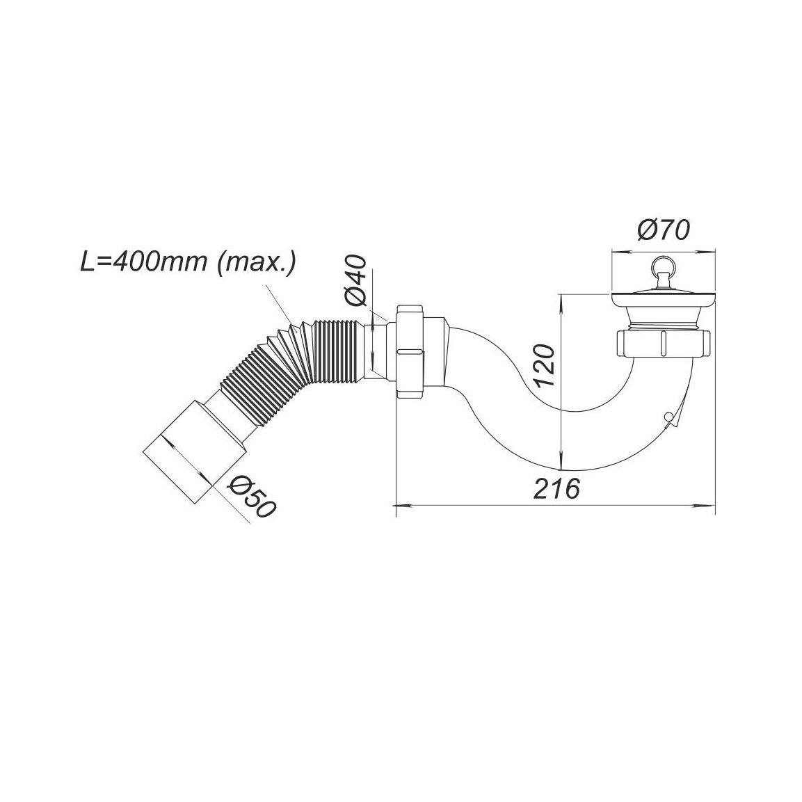 Сифон для душевого поддона D. 1.1/2" x 40 "S"-тип, решетка из нержавеющей стали, с гибкой трубой 50, L=400 мм, с пробкой Д0110  SOLOPLAST