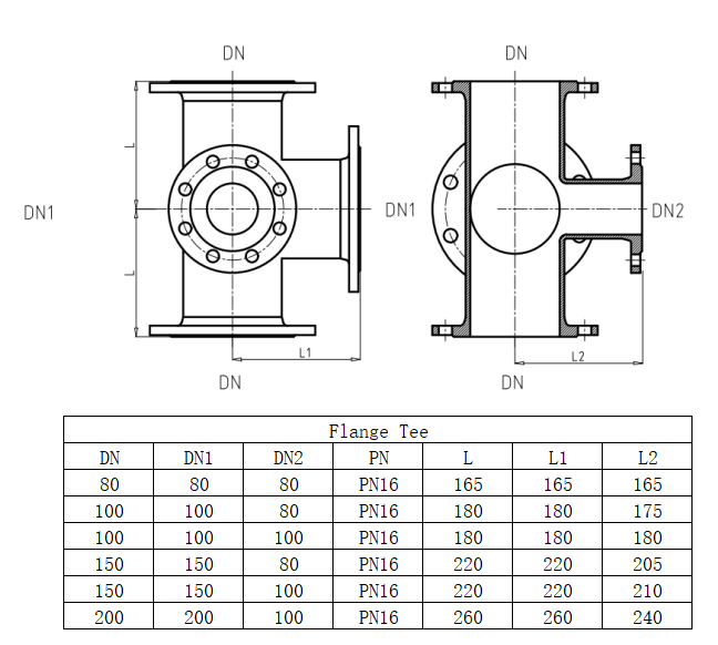 Teu fonta cu 2 planuri cu flanse pentru hidrant D.200 x 200 x 100 PN16, L=520 mm (12/8 gauri)