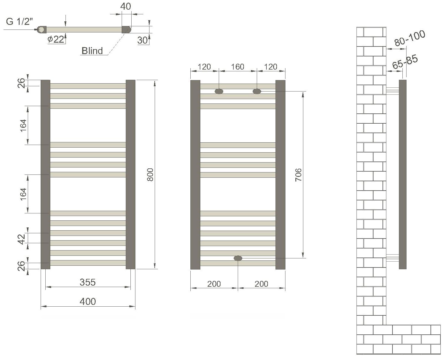 Uscator de prosoape  400 x 800 mm Flat (negru mat) Haiti  RADIVA