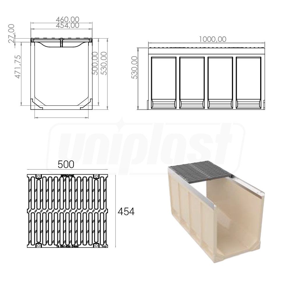 Gratar fonta canalizare cu rigola fibrobeton L=1000 mm H=530 mm B=454 mm EN124 D400 TR