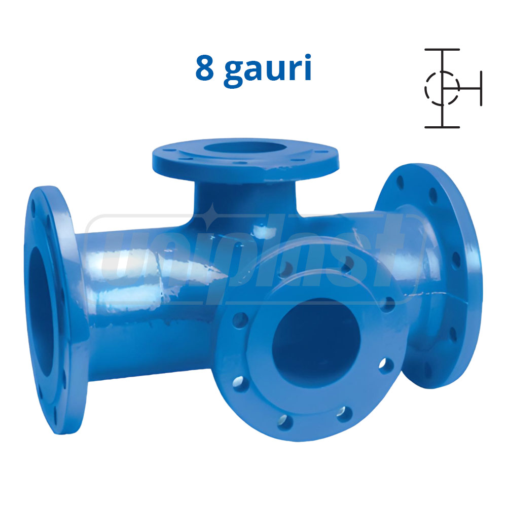Teu fonta cu 2 planuri cu flanse pentru hidrant D.300 x 300 x 100 PN16, L=800 mm (12/8 gauri)