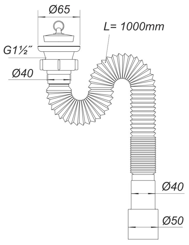 Сифон для умывальника гофрированный D. 1.1/2" x 50 выпуск из нержавеющей стали 65, L=1000 мм Г0105  SOLOPLAST