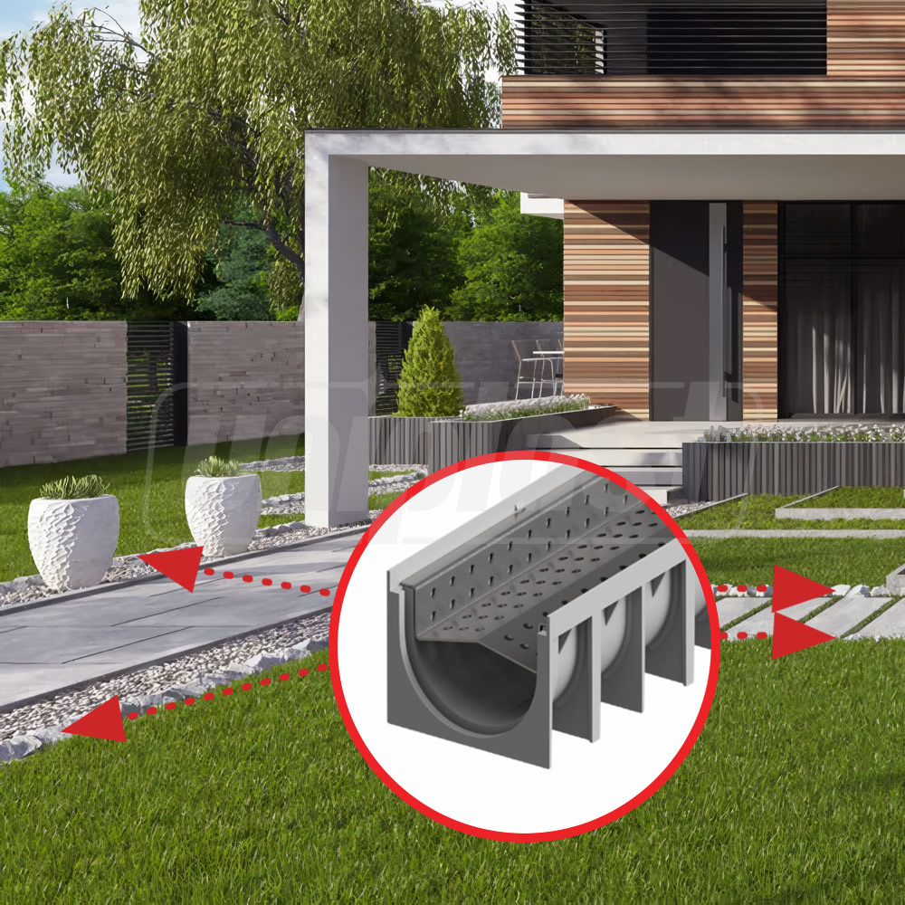Rigola plastic (HDPE) cu grila din otel zincat pentru pietre 4STONE 100x70x1000 mm A15 EN1433 (D.110)  MUFLESYSTEM
