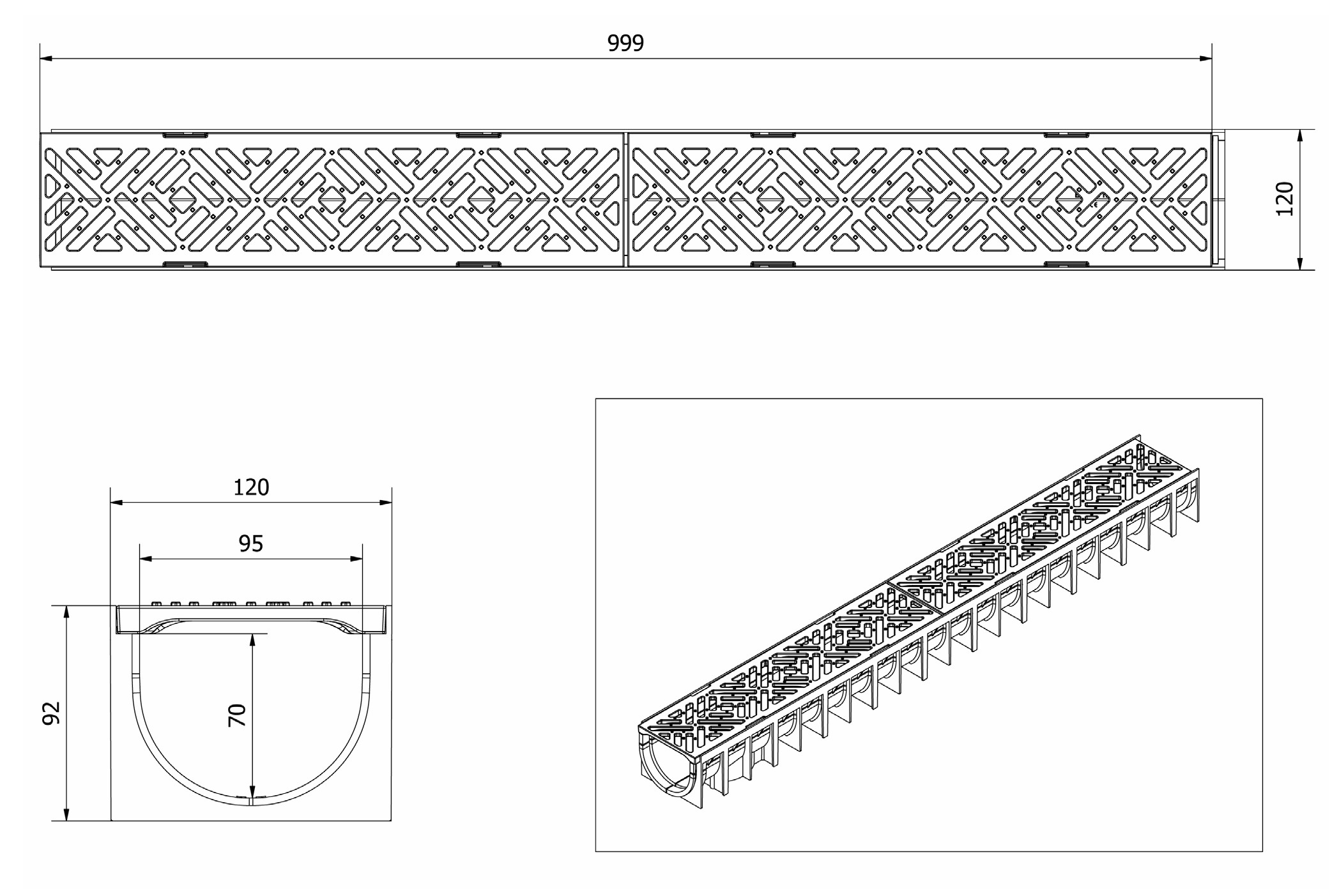 Rigola canalizare PP cu grila din fonta B125 1000x70x100 mm Brooklyn  MUFLESYSTEM