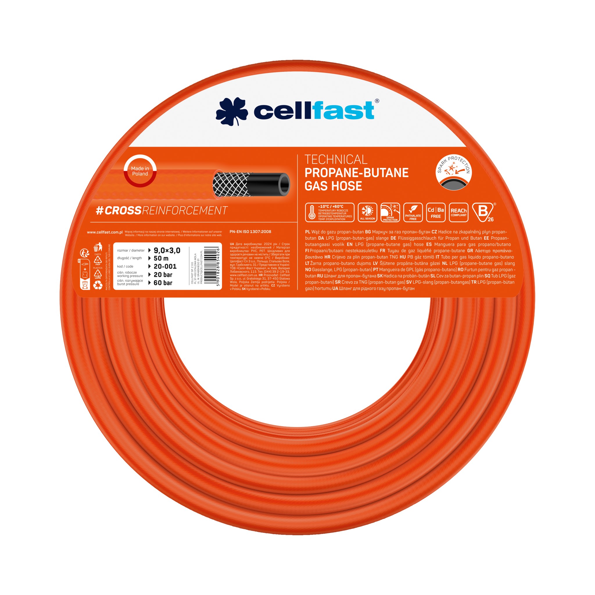 Furtun pentru gaz lichid (propan-butan) D. 9x3 (portocaliu) 20-001  CELLFAST L=50 m