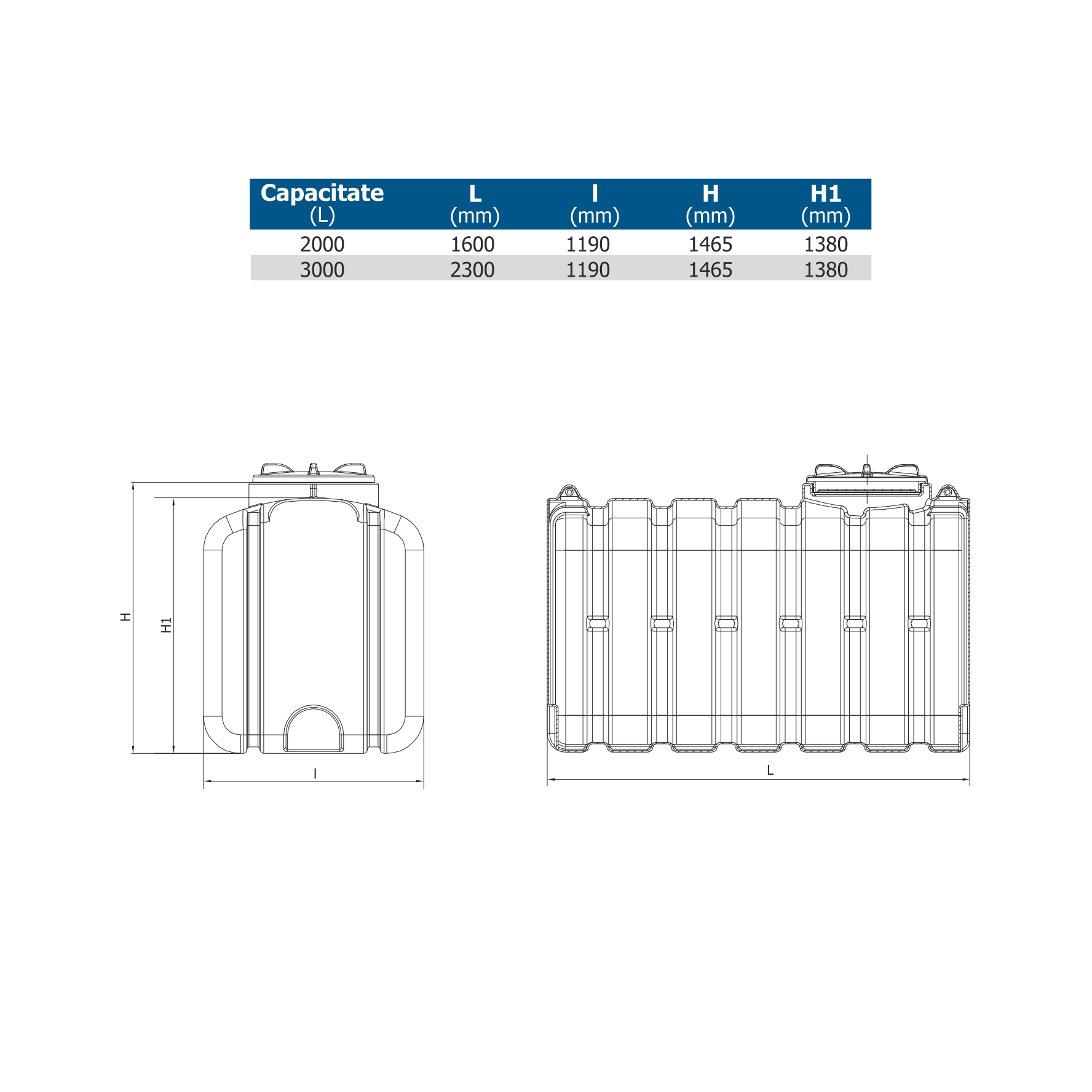Corp rezervor subteran  3000 L L=2.3 m H=1.465 m I=1.19 m fara capac  TP