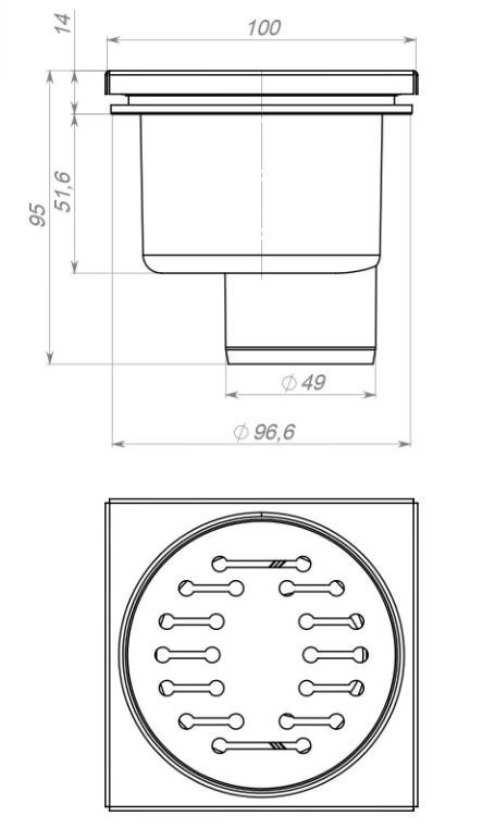 Sifon de pardoseala PP D. 50 vertical (alb) cu grila inox (100 x 100 x 54 mm) ТВ50  SOLOPLAST
