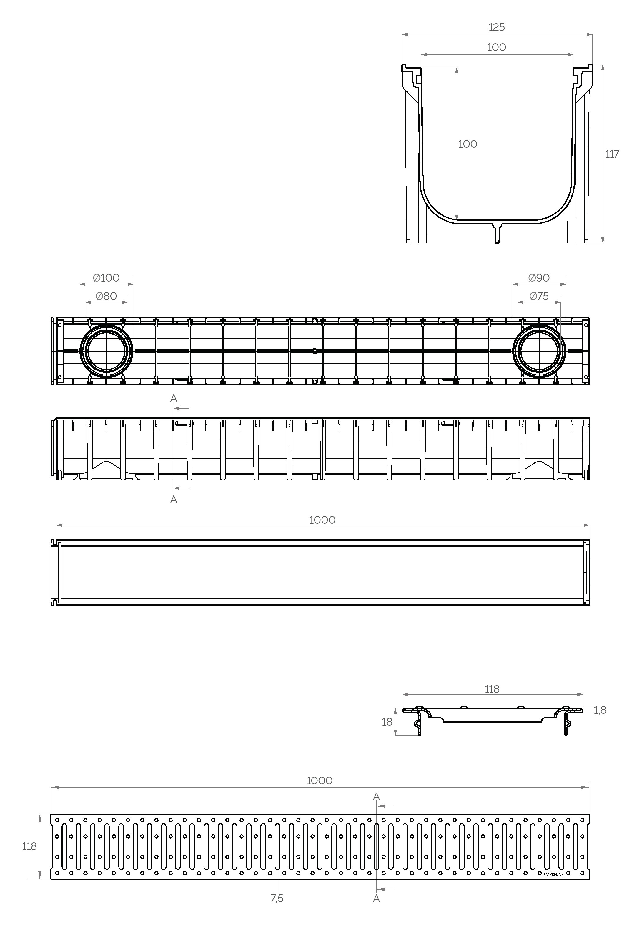 Решетка канализационная с лотком A15 (сталь оцинкованная) ПП 100x100x1000 мм (вертикальный выход D.110x75)  SAB