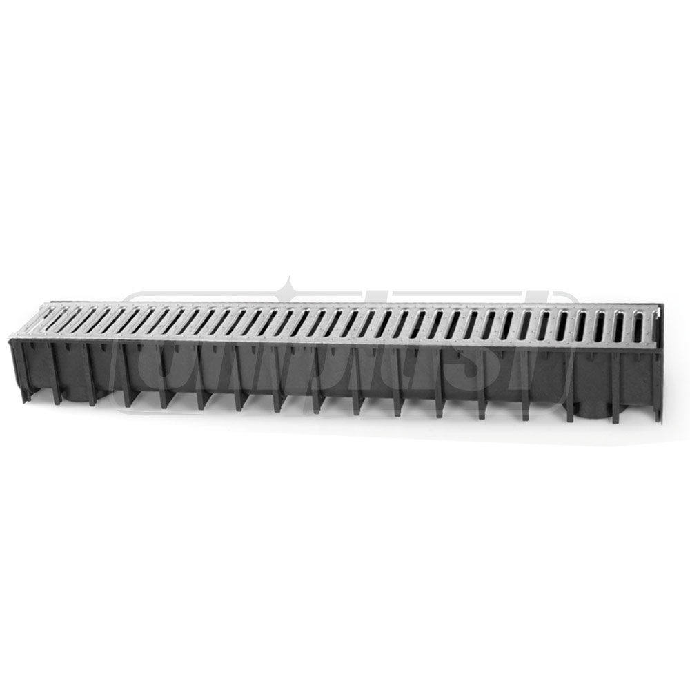 Rigola canalizare PP cu grila din otel zincat A15 100x100x1000 mm (cu iesire verticala D.110x75)  SAB