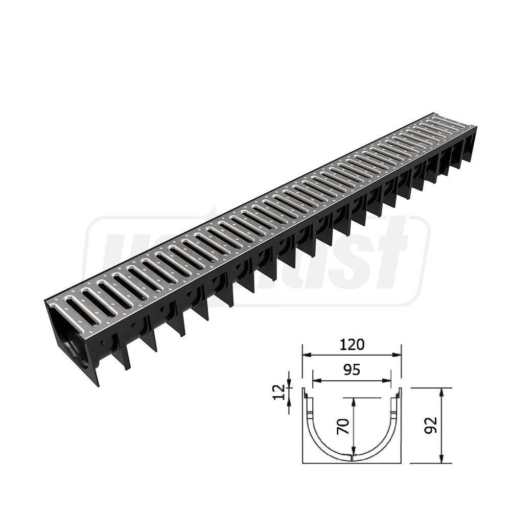 Rigola plastic (HDPE) cu grila din otel zincat 4ALL H70 100x70x1000 mm A15 EN1433 (D.110)  MUFLESYSTEM