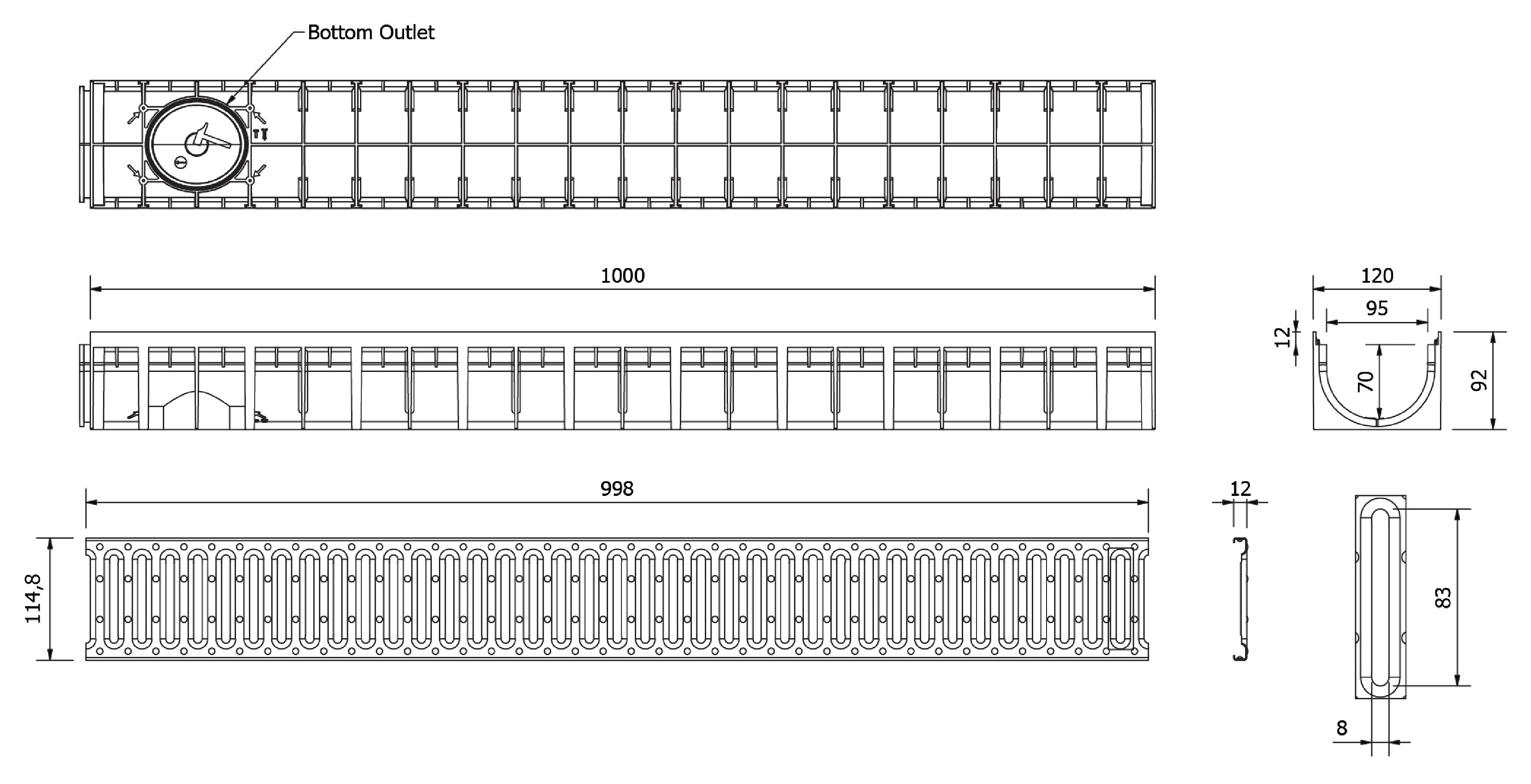 Rigola plastic (HDPE) cu grila din otel zincat 4ALL H70 100x70x1000 mm A15 EN1433 (D.110)  MUFLESYSTEM